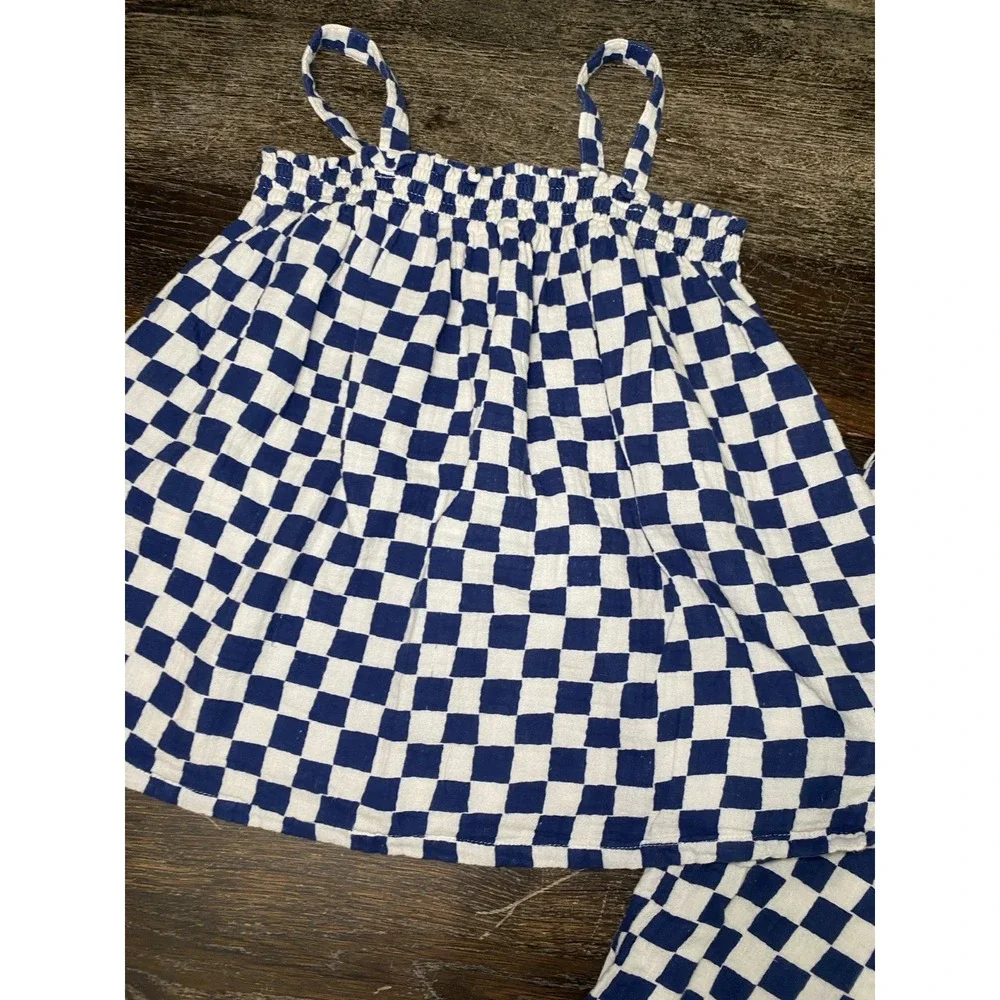 2PC Hanna Andersson Smocked Cami Top & Wide Leg Pant Set Navy White Check 10/12
